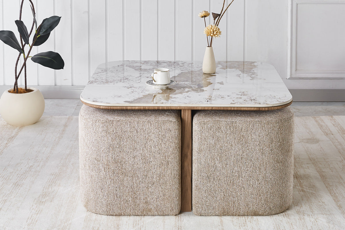 Rousseau - Salontafel Evora - Stof - Glanzend Steen- Goudbruin - 80×80×45 cm