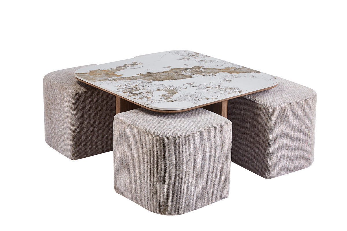 Rousseau - Salontafel Evora - Stof - Glanzend Steen- Goudbruin - 80×80×45 cm
