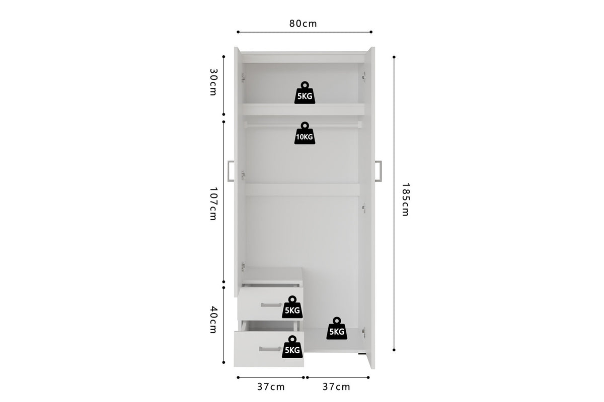 Armoire 'Marc' 2 portes avec miroir Blanc