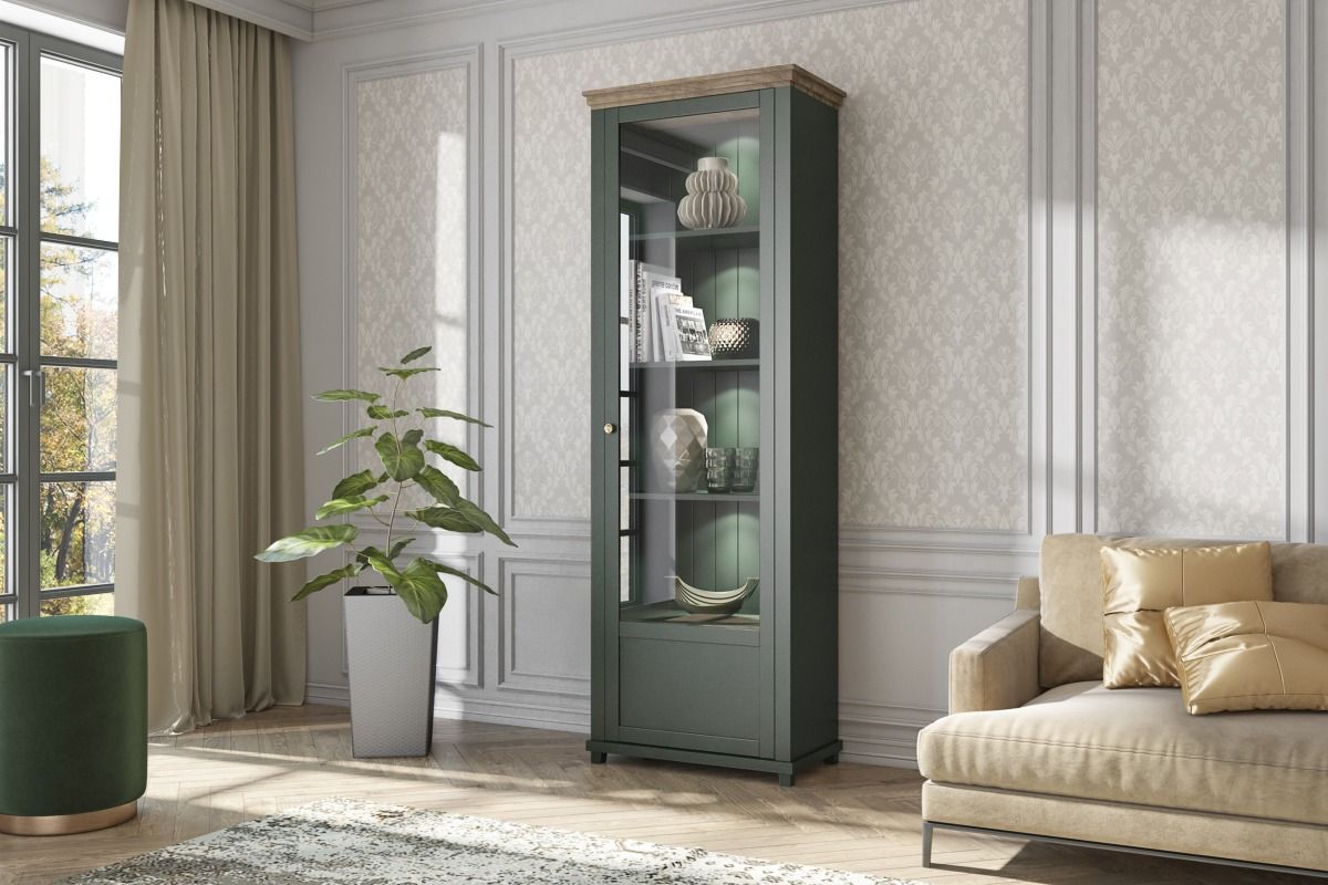 Image of HM - Kolomkastvitrine Evora R - Groen/Eik - 71x200x42cm.. Opzoek naar een uniek stuk in je living? Da nis deze kolomkast iets voor jou.
<!----><!---->...