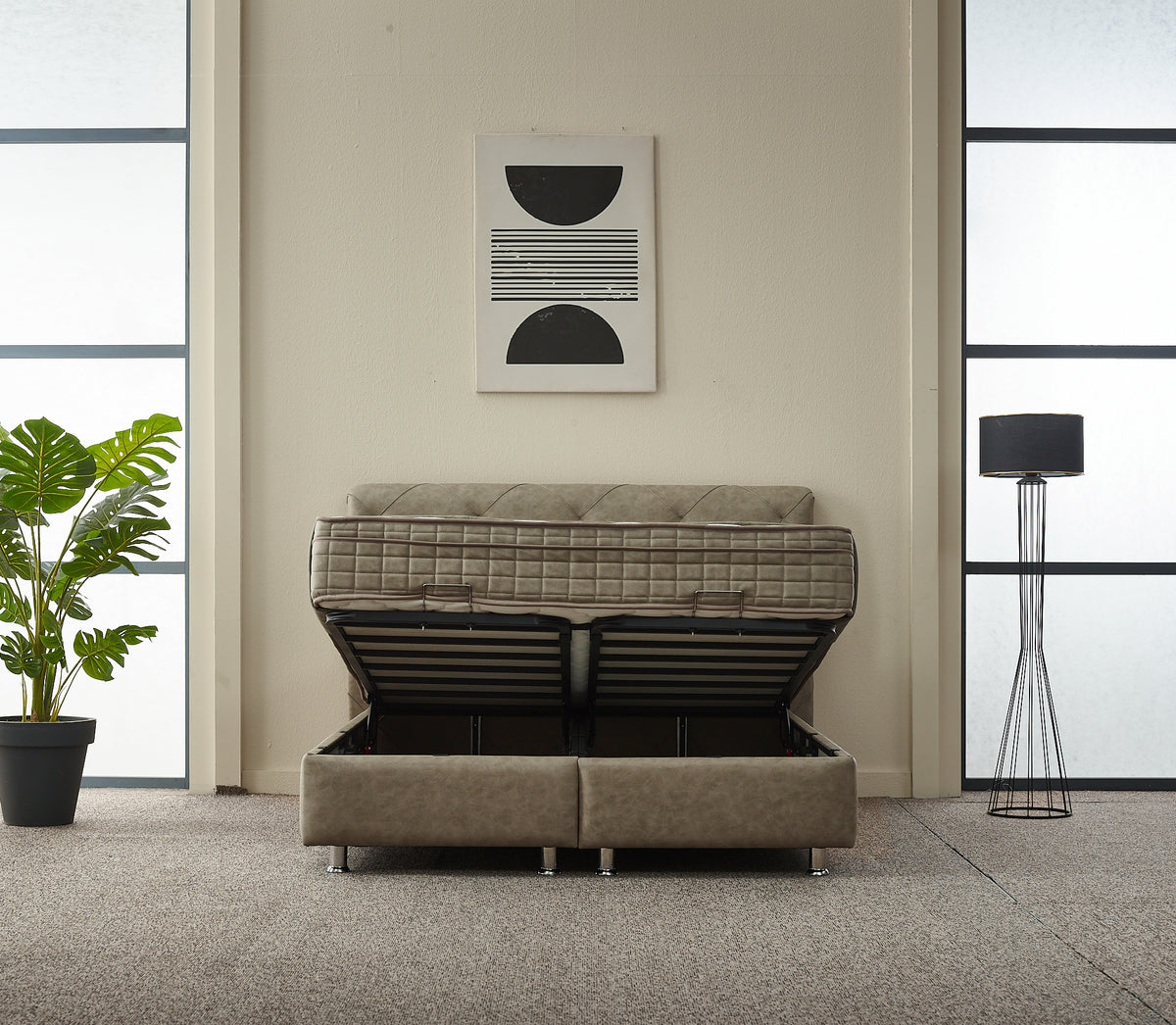 2BM - Boxspring Almi - Met opbergruimte - Stof - Taupe - 180x121x200cm