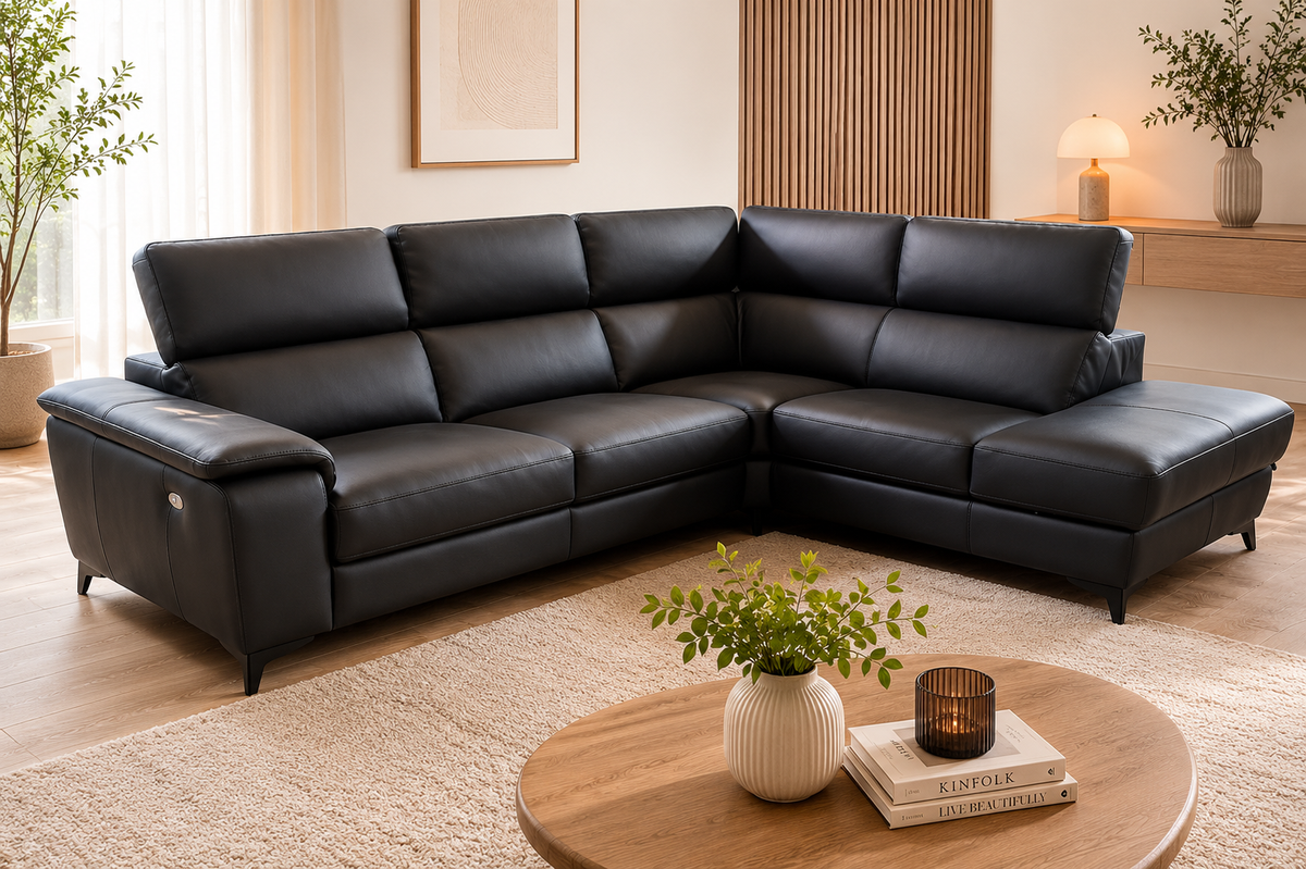 Altoni - Hoeksalon Ambassador - met elektrische relax – zwarte leder - 295x224cm