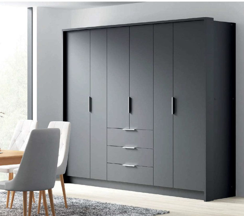 2BM - Armoire Bangkok - Couleur Anthracite - 6 Portes - 3 Tiroirs - 255x65x217cm