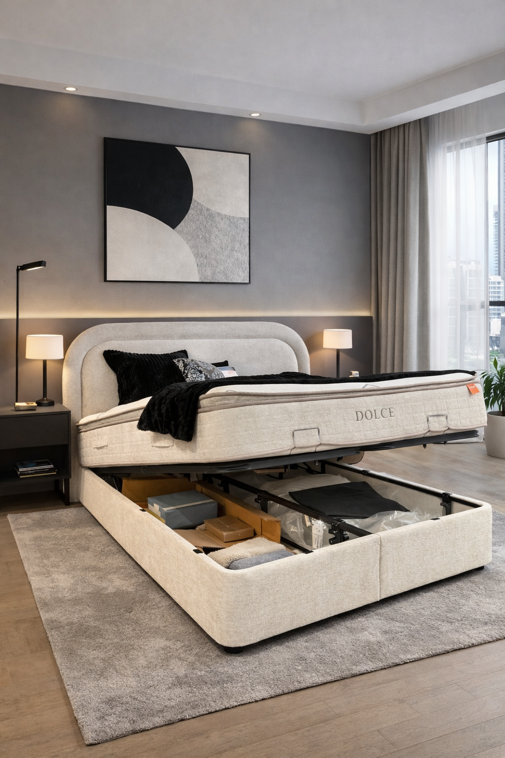 2BM – Boxspring Dolce 160x200cm – OPBERGRUIMTE – Ecru Luxe Stof