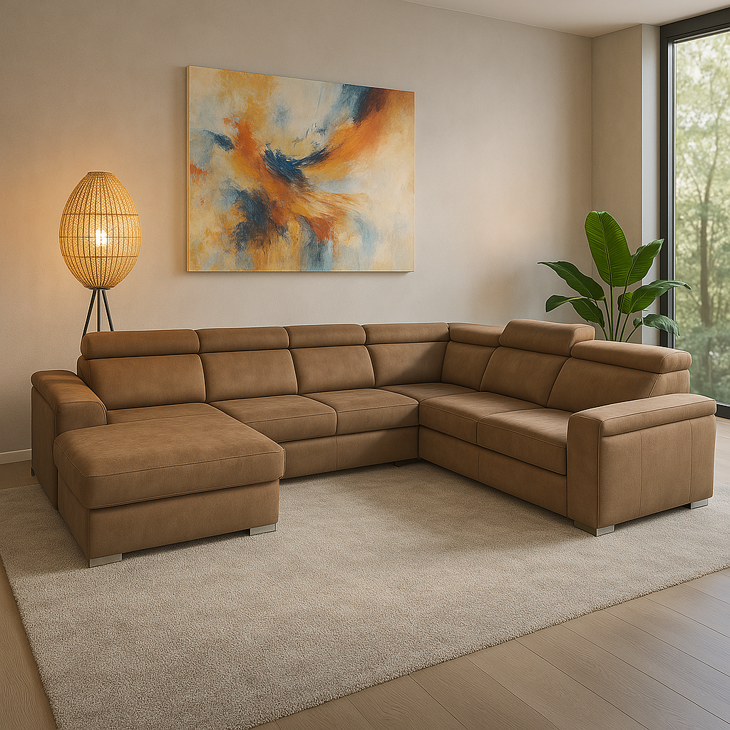 2BM – Hoeksalon Clara – Links - Opbergruimte – Bedfunctie – Bruine microvezel – 170x338x261cm