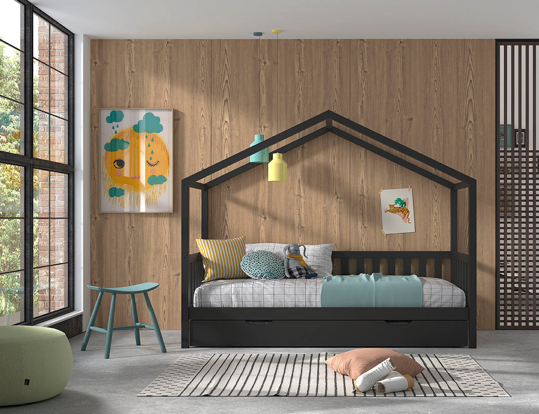 Antraciet DALLAS-bed (90x200) met bijpassend rolbed.