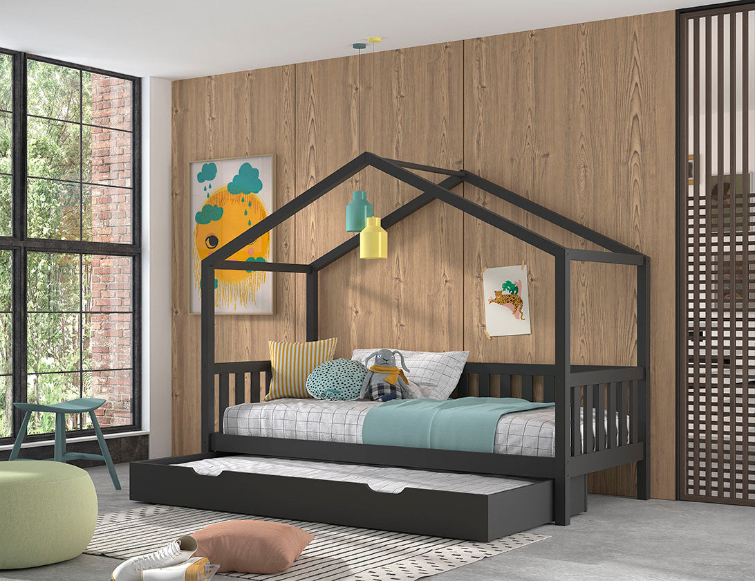 Lit anthracite DALLAS (90x200) avec lit gigogne assorti.