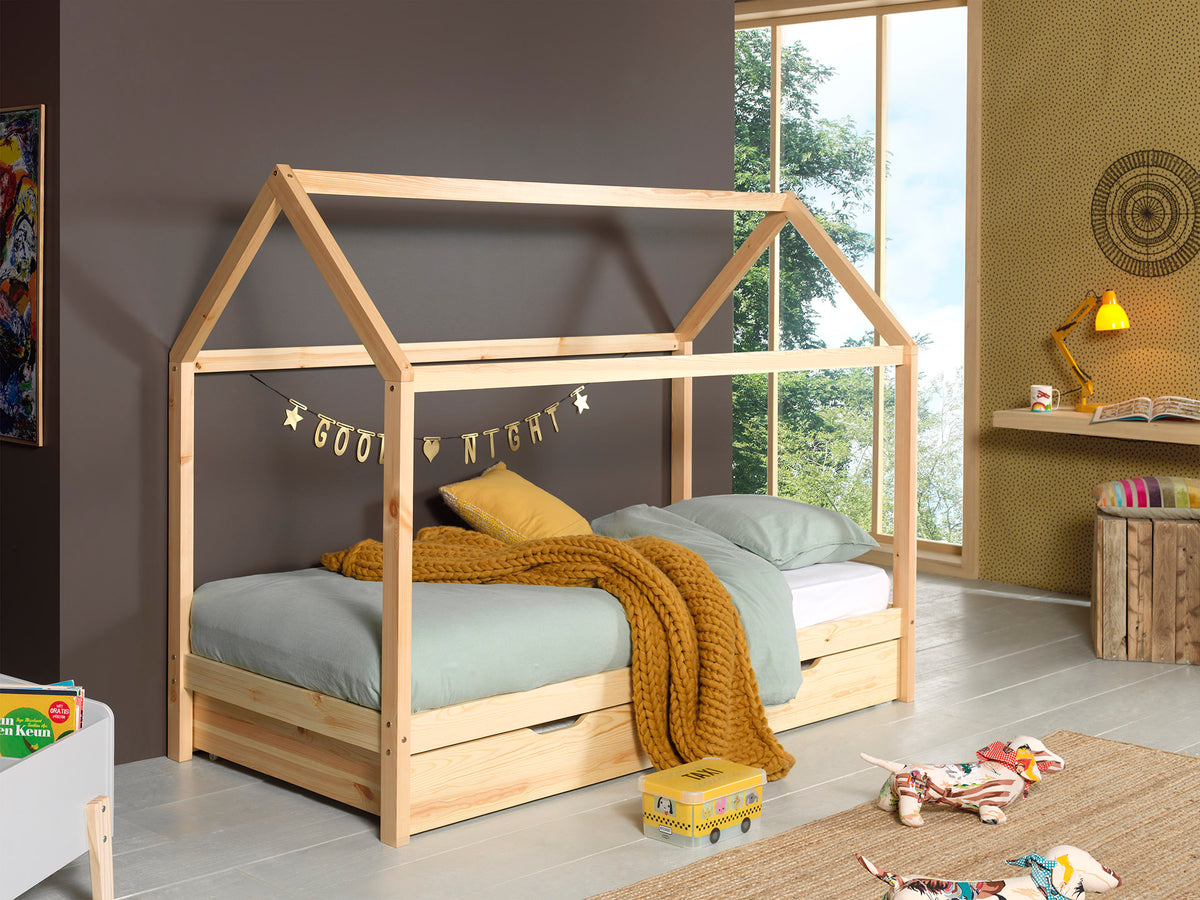 Natuurkleurig DALLAS-bed (90x200) met bijpassend rolbed.