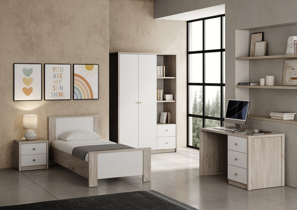 TYC - Jeugdkamer Oziel - 3-delige set met 3-deurs kleerkast - Ivory oak white