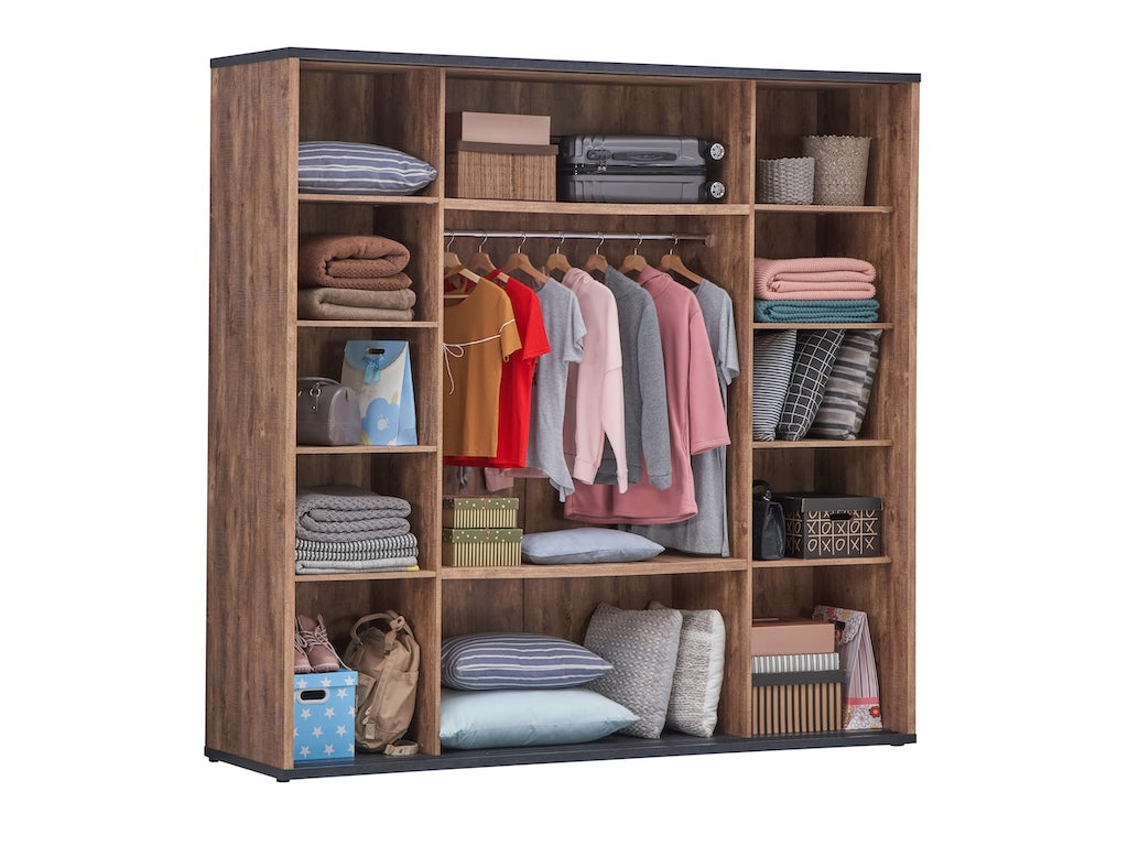 TYC - Chambre Osric - Ensemble 4 pièces avec Armoire 220 cm - Chêne industriel - Ligne noire