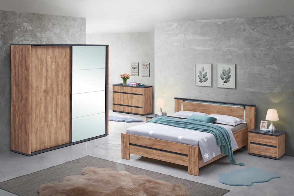 TYC - Slaapkamer Osric - 4-delige set met Kast 220 cm - Industrial oak - black line