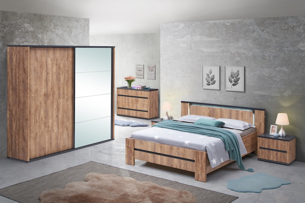TYC - Slaapkamer Osric - 4-delige set met Kast 240 cm - Industrial oak - black line