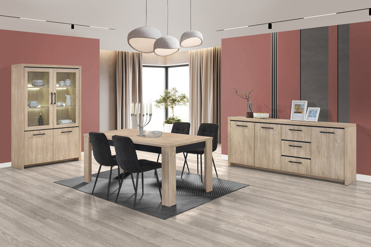 TYC - Eetkamer Orla - 3-delige set met vitrine - Ivory oak black line