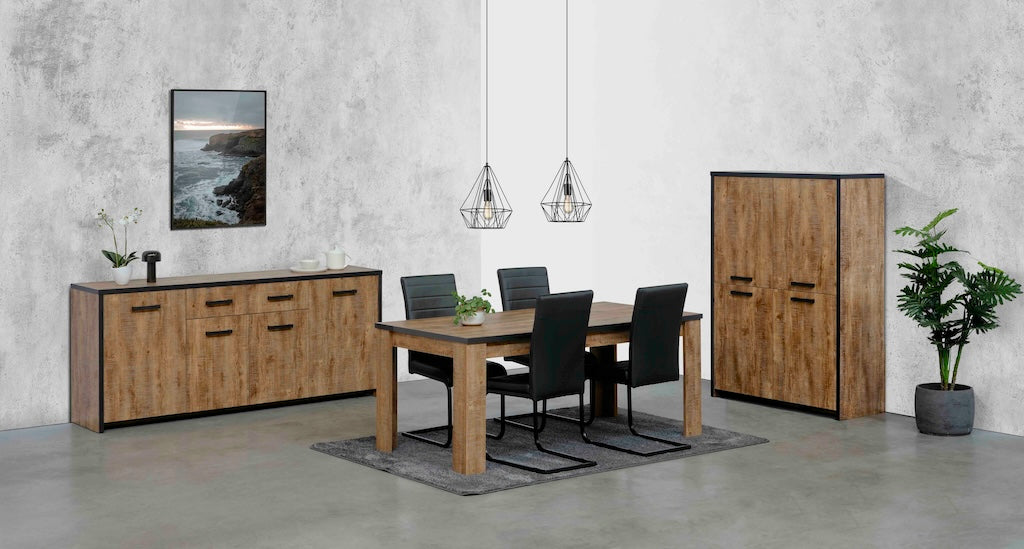 TYC - Eetkamer Odelinde - 3-delige set met barkast - Industrial oak black line