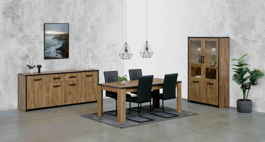 TYC - Eetkamer Odelinde - 3-delige set met vitrine - Industrial oak black line