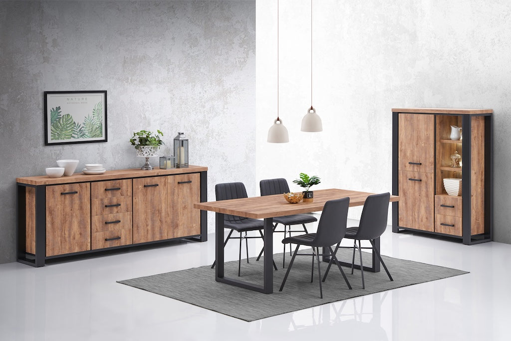 TYC - Eetkamer Osbert - 3-delige set met barkast - Industrial oak black line