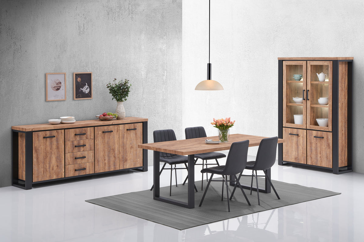 TYC - Eetkamer Osbert - 3-delige set met vitrine - Industrial oak black line