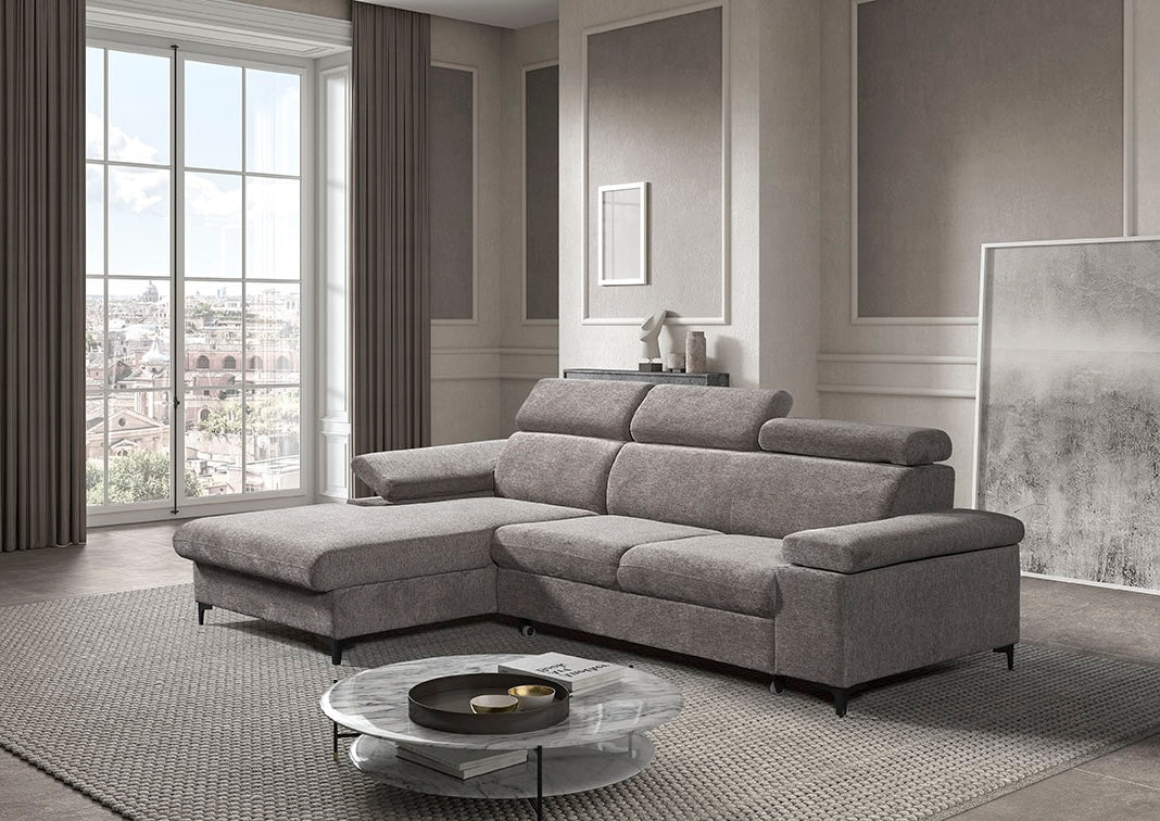 GBO - Hoeksalon L2 met bed en Koffer Macon - Stof Aragon Antraciet / Beige - 260x97.0x175cm