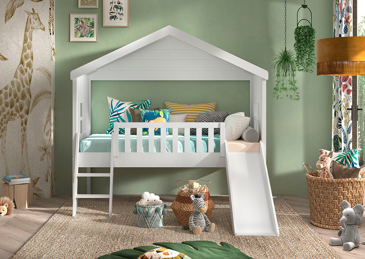 Huisbed met ladder en glijbaan, wit *