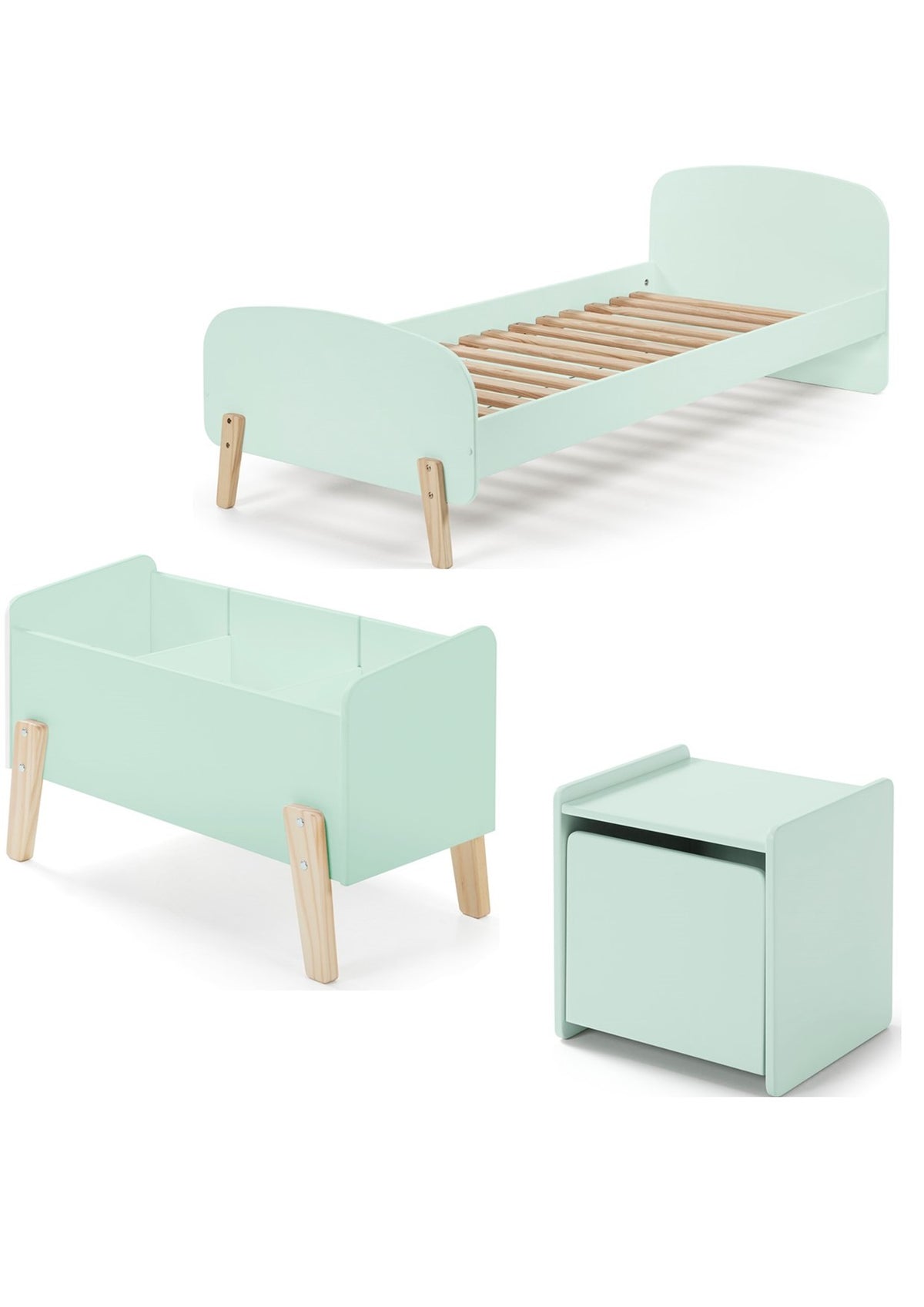 Cette combinaison KIDDY vert menthe se compose d'un lit (90 x 200), d'une table de chevet et d'un coffre de rangement.
