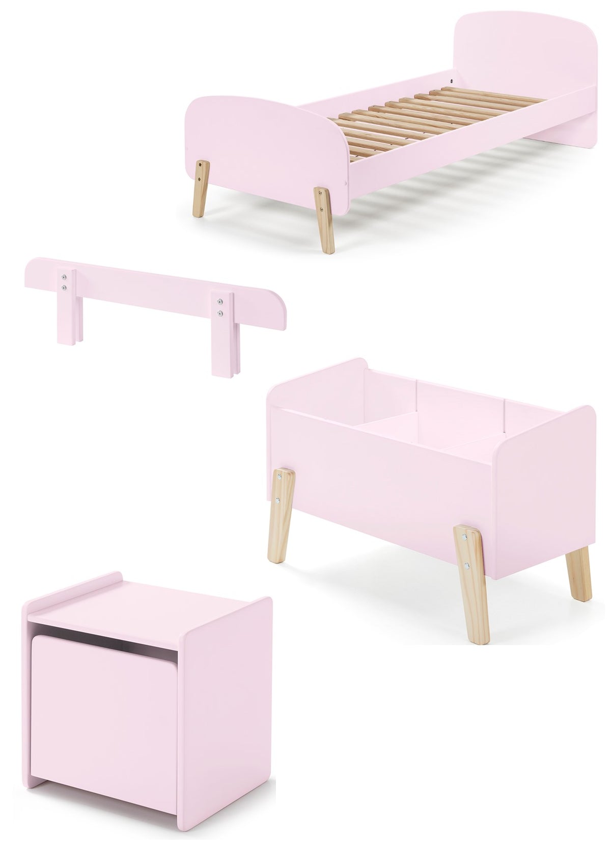 Deze KIDDY combinatie in roze bestaat uit een bed (90x200) met nachtkastje, uitvalbeveiliging en speelkoffer.