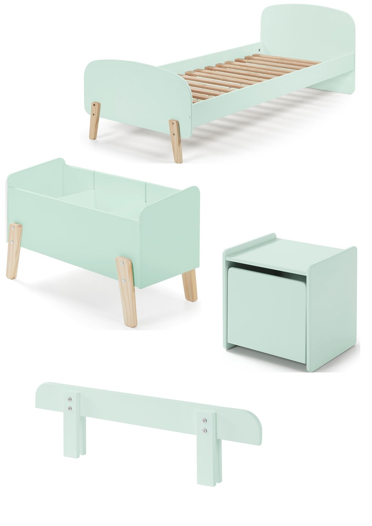 Deze KIDDY combinatie in mintgroen bestaat uit een bed (90x200) met nachtkastje, uitvalbeveiliging en speelkoffer