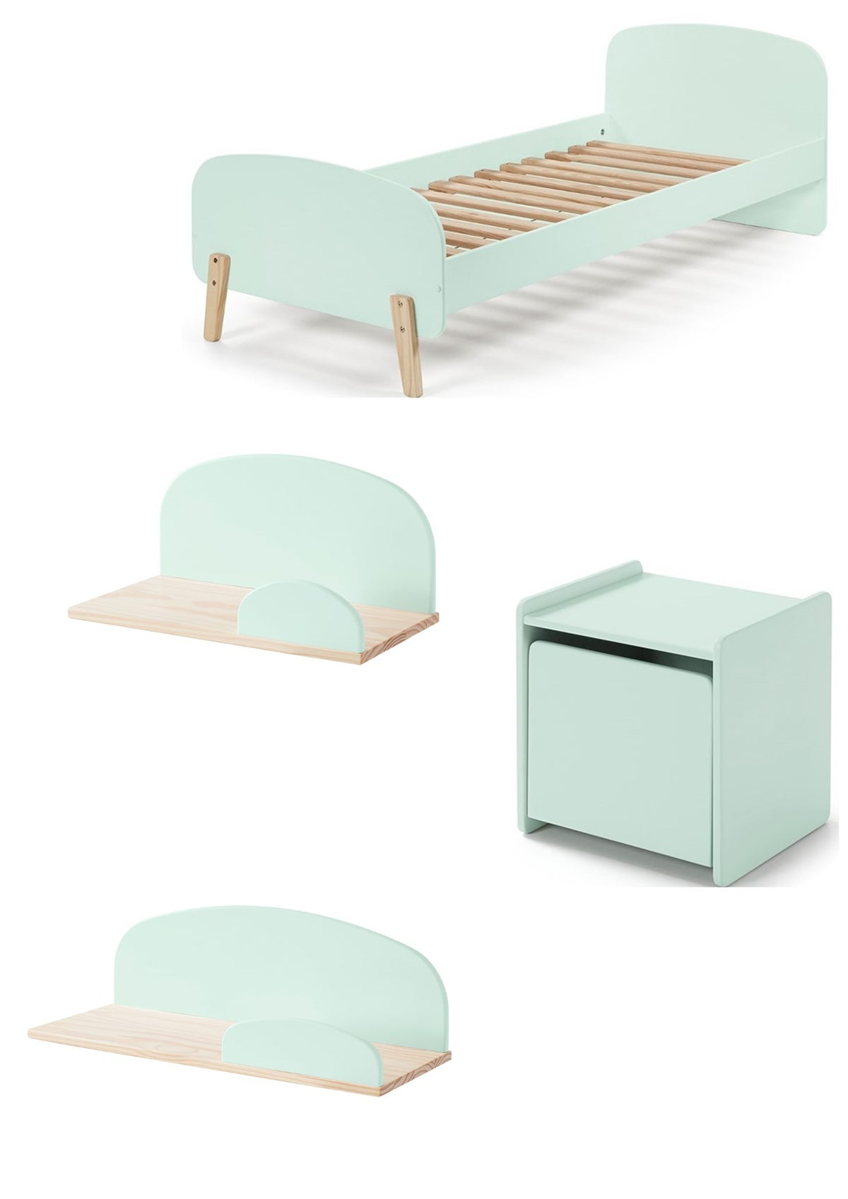 Cette combinaison KIDDY en vert menthe comprend un lit (90x200) avec une table de chevet et 2 étagères murales (45 et 65 cm).