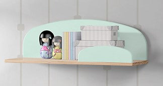 Cette combinaison KIDDY en vert menthe comprend un lit (90x200) avec une table de chevet et 2 étagères murales (45 et 65 cm).