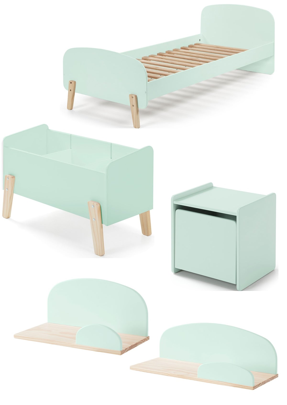 Deze KIDDY combinatie in mintgroen bestaat uit een bed (90x200) met nachtkastje, 2 hangplankjes (45 en 65 cm) en een speelkoffer.