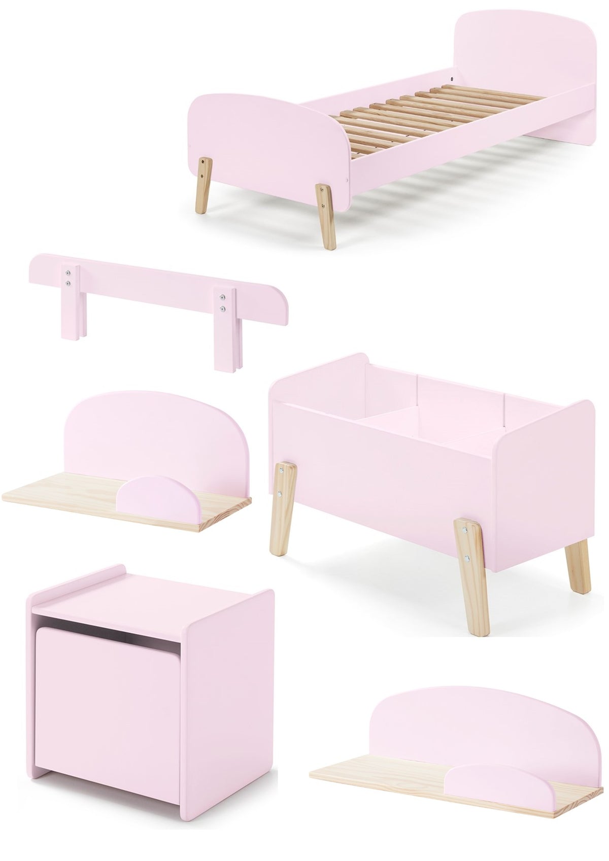 Deze KIDDY combinatie in roze bestaat uit een bed (90x200) met nachtkastje, 2 hangplankjes (45 en 65 cm), uitvalbeveiliging en speelkoffer.