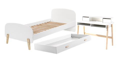 Cette combinaison KIDDY en blanc se compose d'un lit (90x200) avec lit gigogne et bureau assortis.