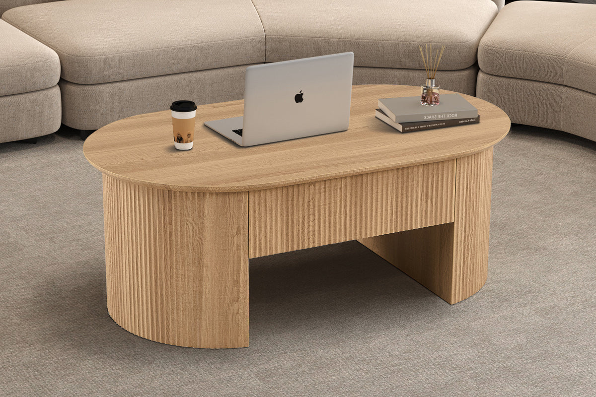 Rousseau - Table basse Lagos - Plateau relevable, décor chêne naturel - 45/62 x 120 x 70 cm