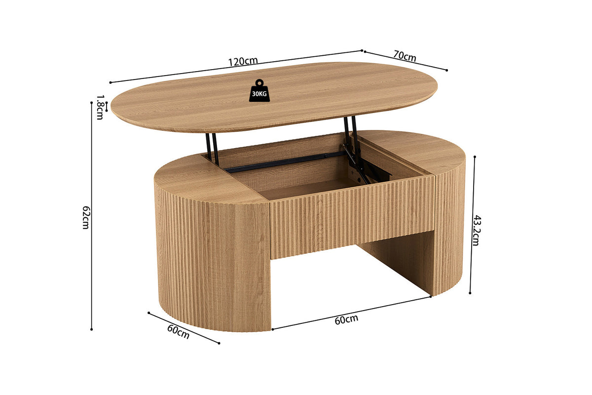 Rousseau - Table basse Lagos - Plateau relevable, décor chêne naturel - 45/62 x 120 x 70 cm