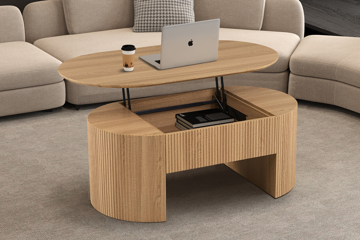 Rousseau - Table basse Lagos - Plateau relevable, décor chêne naturel - 45/62 x 120 x 70 cm