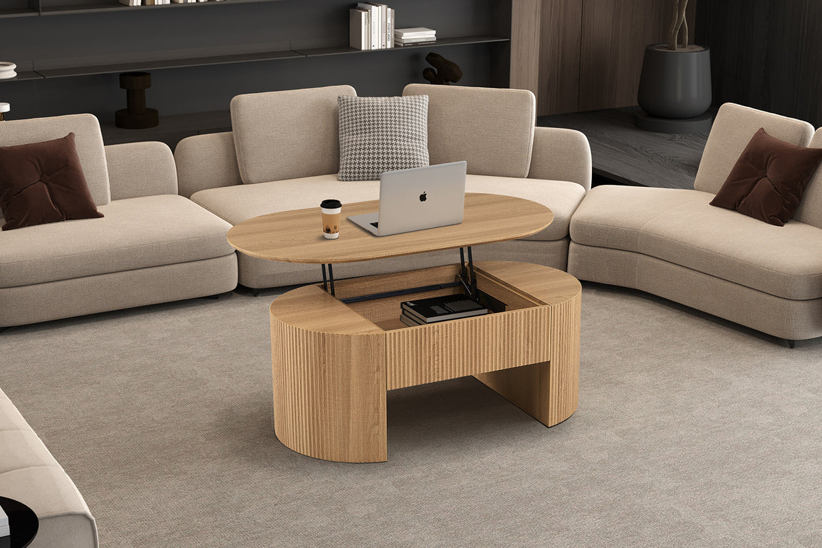 Rousseau - Table basse Lagos - Plateau relevable, décor chêne naturel - 45/62 x 120 x 70 cm