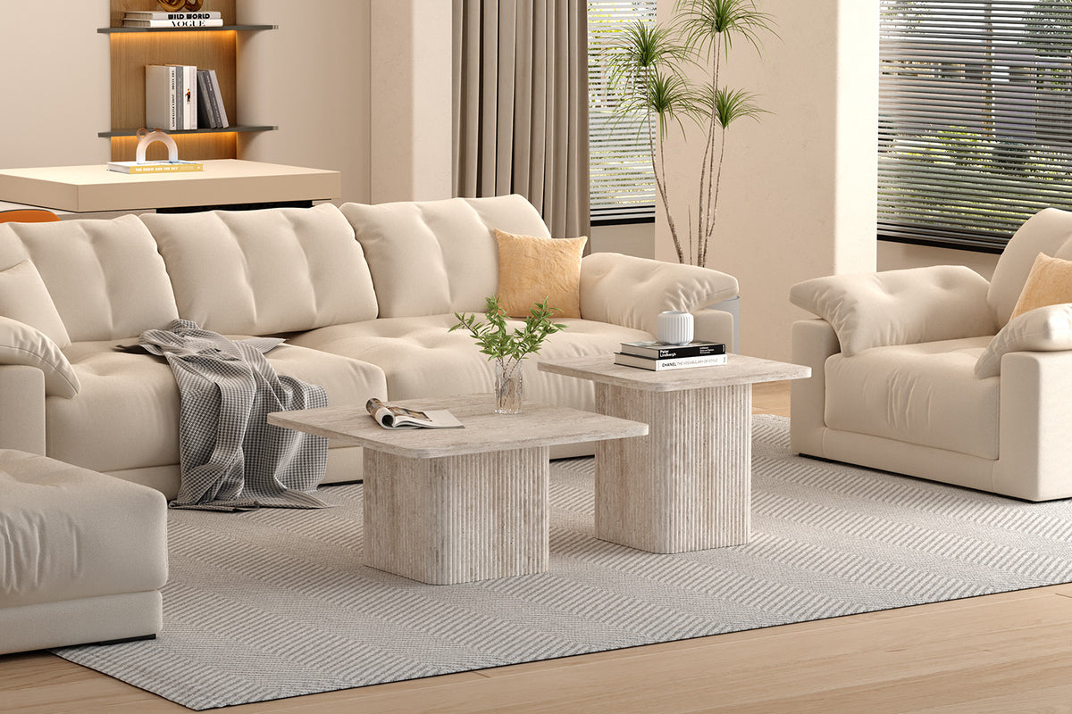 Rousseau - Set van 2 Salontafels Bobby Decor travertin Beige - 52x60x80cm
