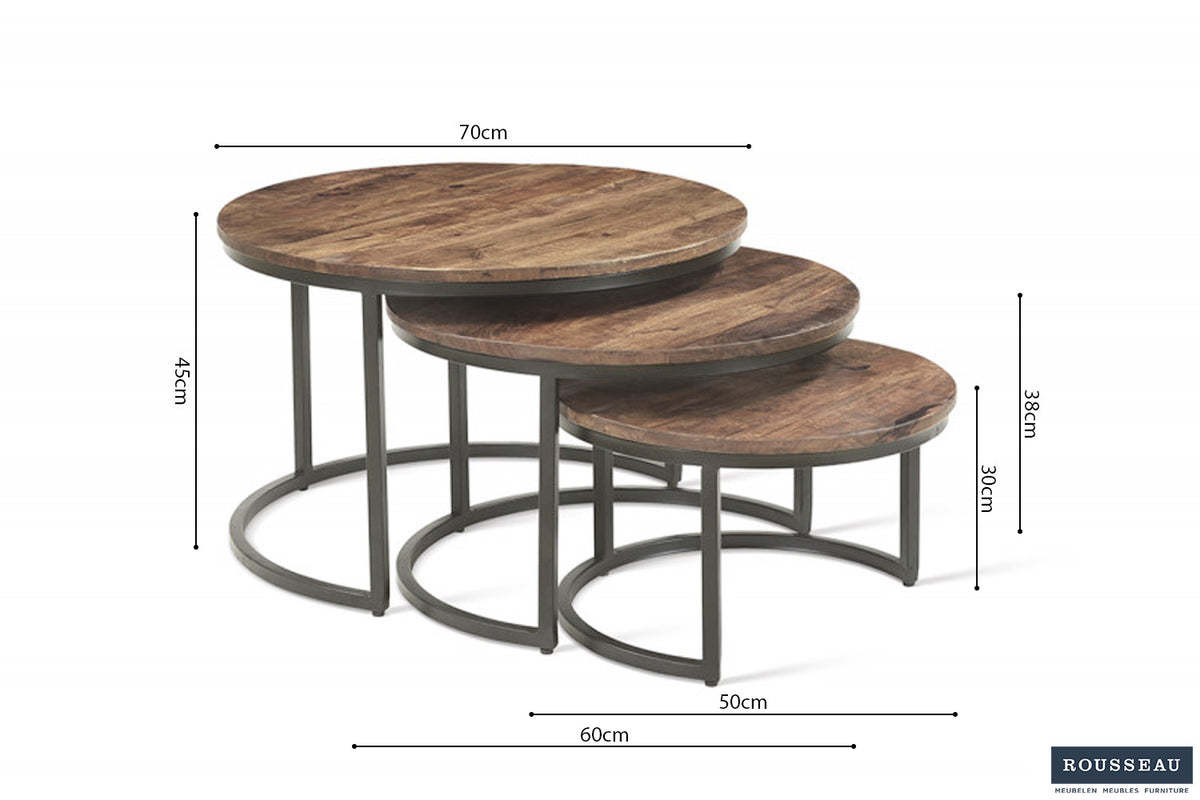 Rousseau - Salontafel Arnod 3-delig Mango hout - 30x50x50cm