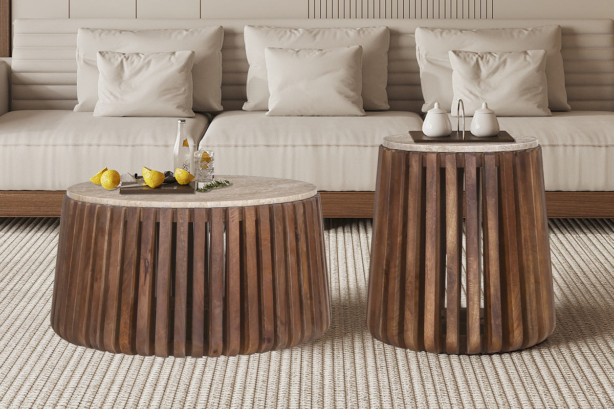 Rousseau - Salontafel Luuk 70 cm Rond Mango hout met Travertin Beige - 40x70x70 cm