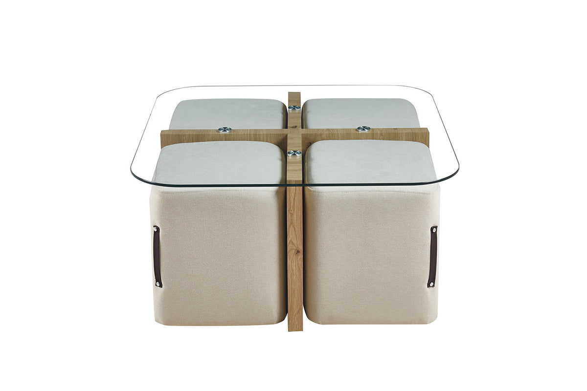 Rousseau - Salontafel Shana met 4 poefs stof Decor Oude eik - 45x90x90 cm