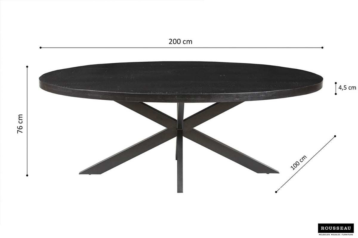 Rousseau - Tafel Alexa 200 cm Ovaal Mango hout zwart - 76x200x100cm