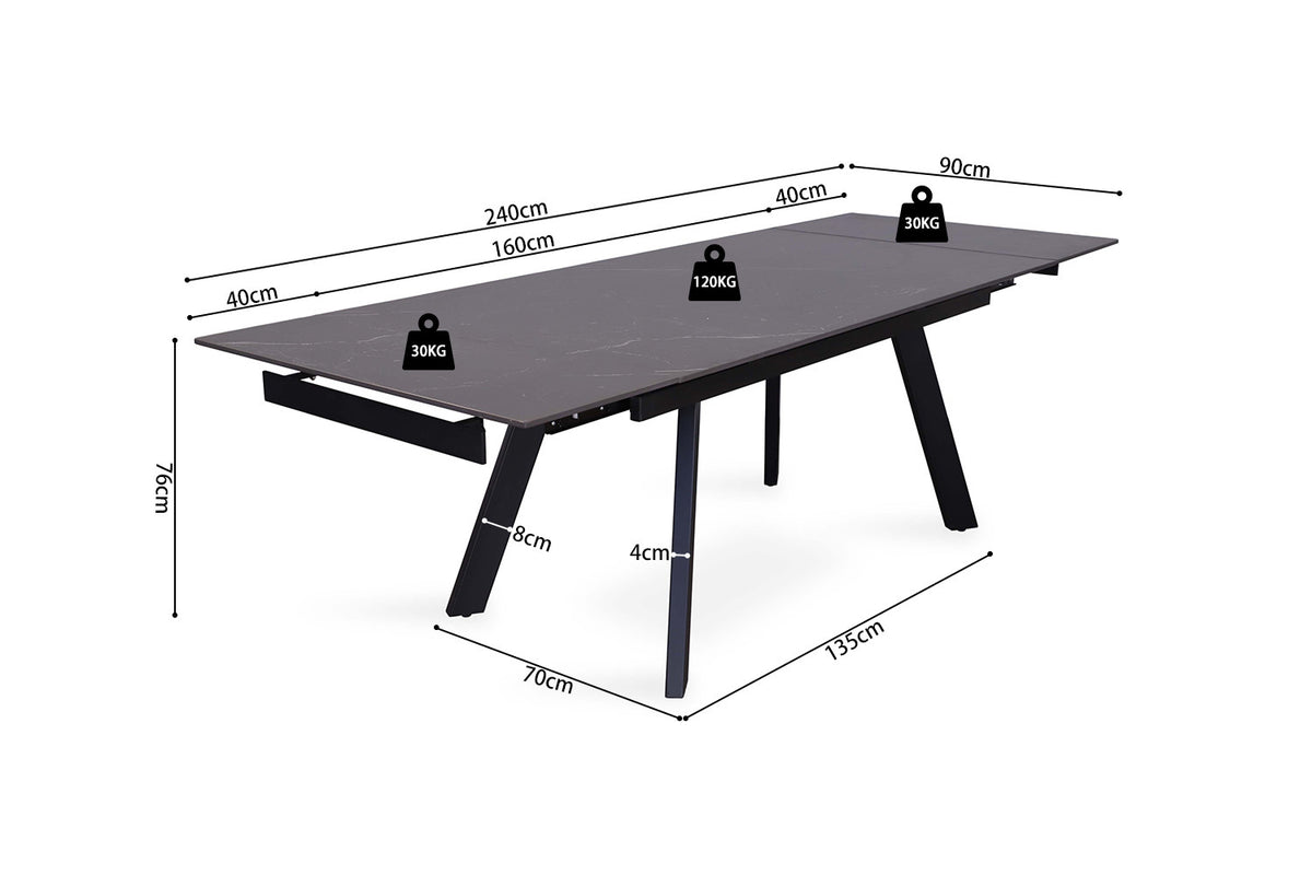 Rousseau - Uitschuifbare tafel Hera 160-240 cm Rechthoekig Steen Zwart - 76x240x90cm