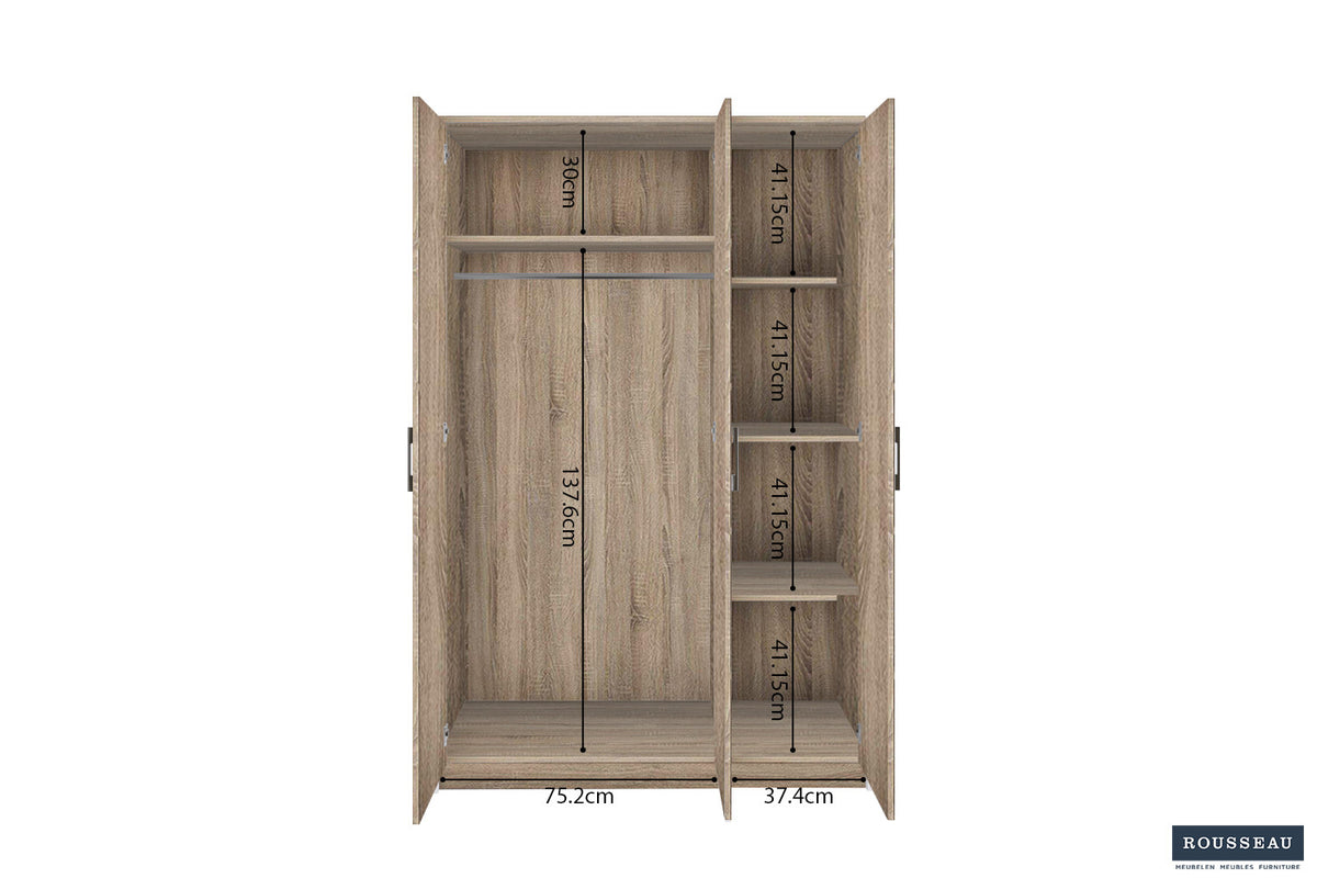 Rousseau - Armoire Ray 3 portes Sonoma - 180x117,5x50 cm