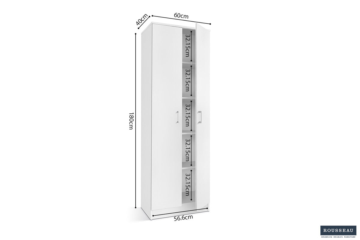 Rousseau - Opbergkast Ray 2 deuren en 4 legplanken Wit - 180x60x40 cm