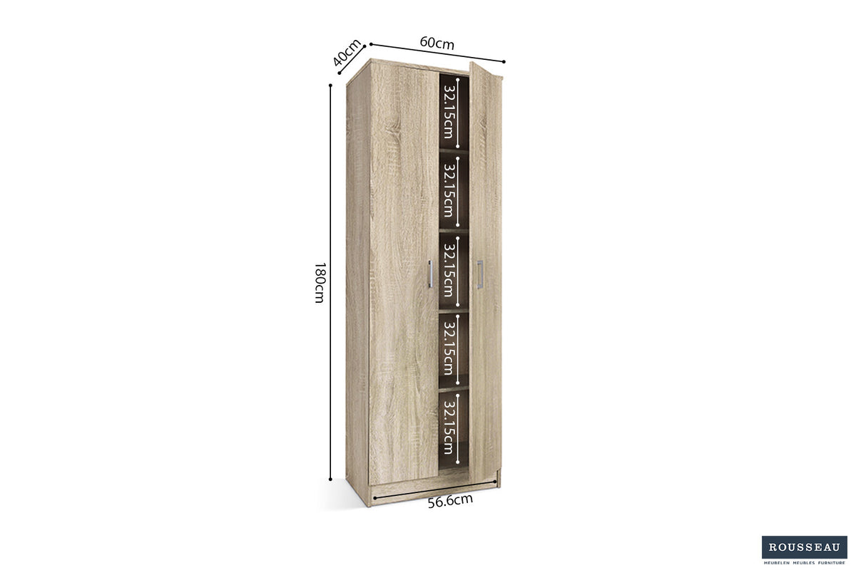 Rousseau - Opbergkast Ray 2 deuren en 4 legplanken Sonoma - 180x60x40 cm