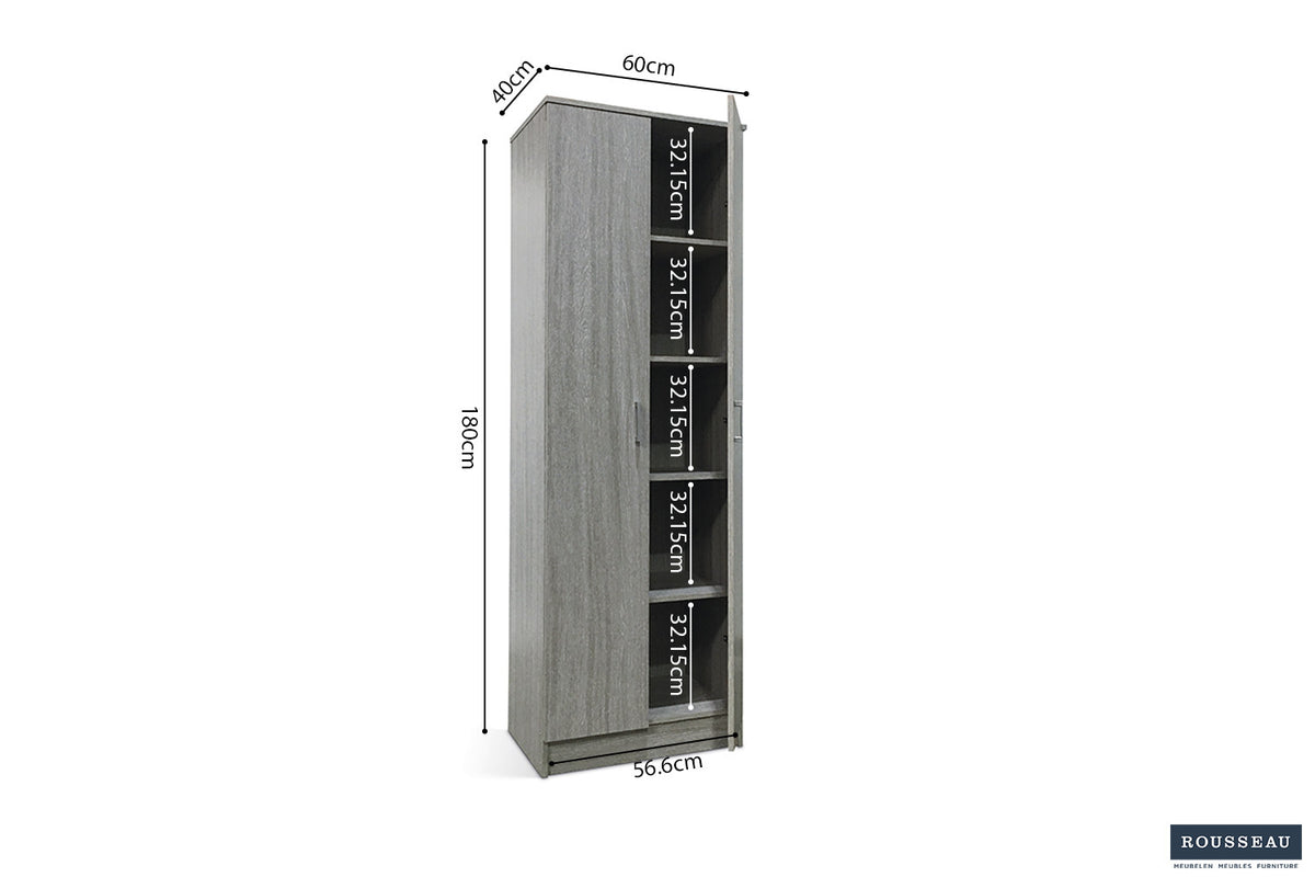 Rousseau - Meuble de rangement Ray 2 portes et 4 étagères Chêne gris - 180x60x40 cm