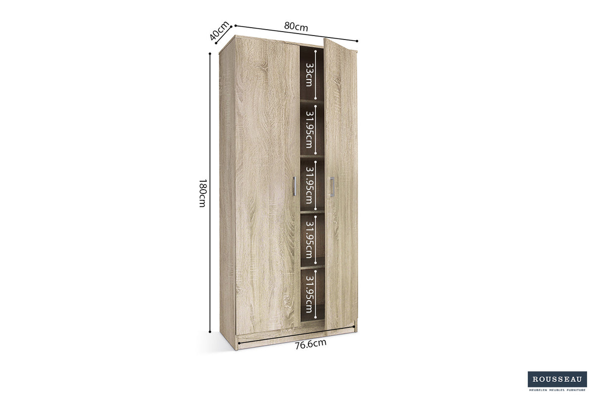 Rousseau - Meuble de rangement Ray 2 portes et 4 étagères Sonoma - 180x80x40 cm