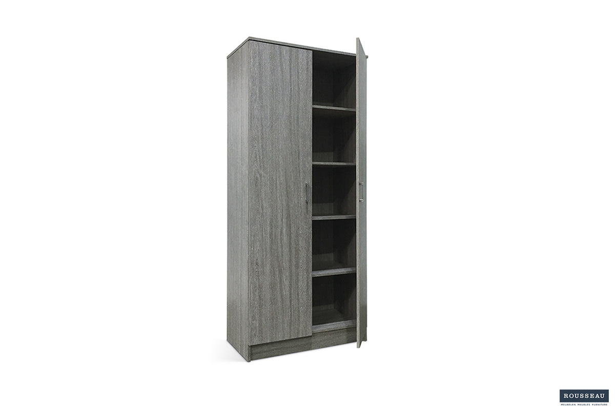 Rousseau - Meuble de rangement Ray 2 portes et 4 étagères Chêne gris - 180x80x40 cm