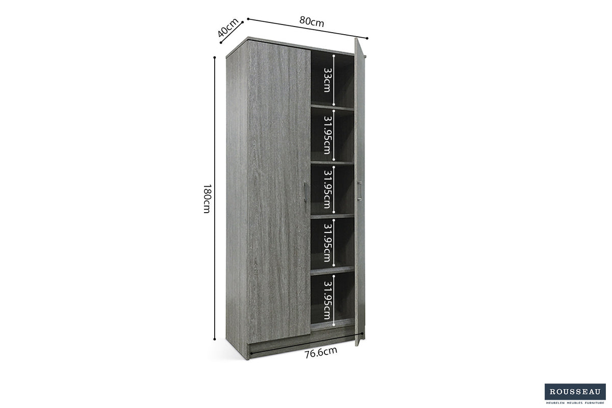 Rousseau - Meuble de rangement Ray 2 portes et 4 étagères Chêne gris - 180x80x40 cm