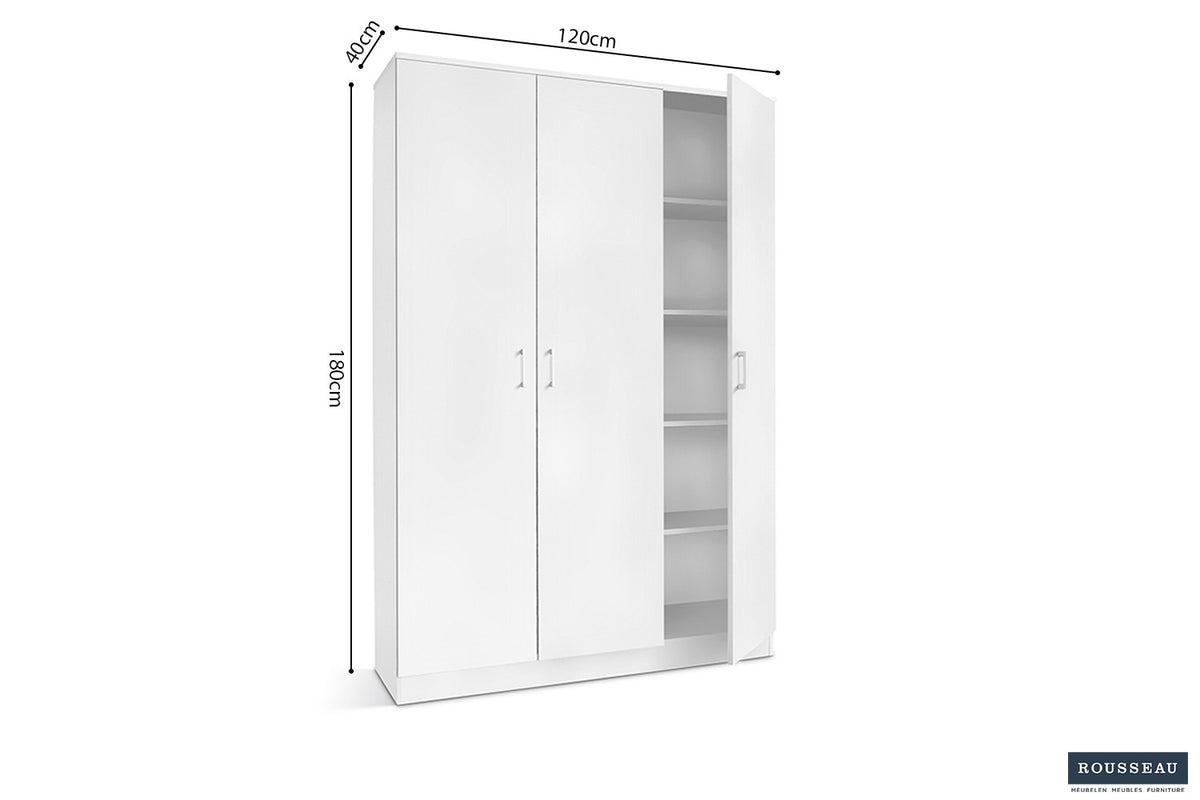 Rousseau - Opbergkast Ray 3 deuren en 4 legplanken Wit - 180x120x40 cm