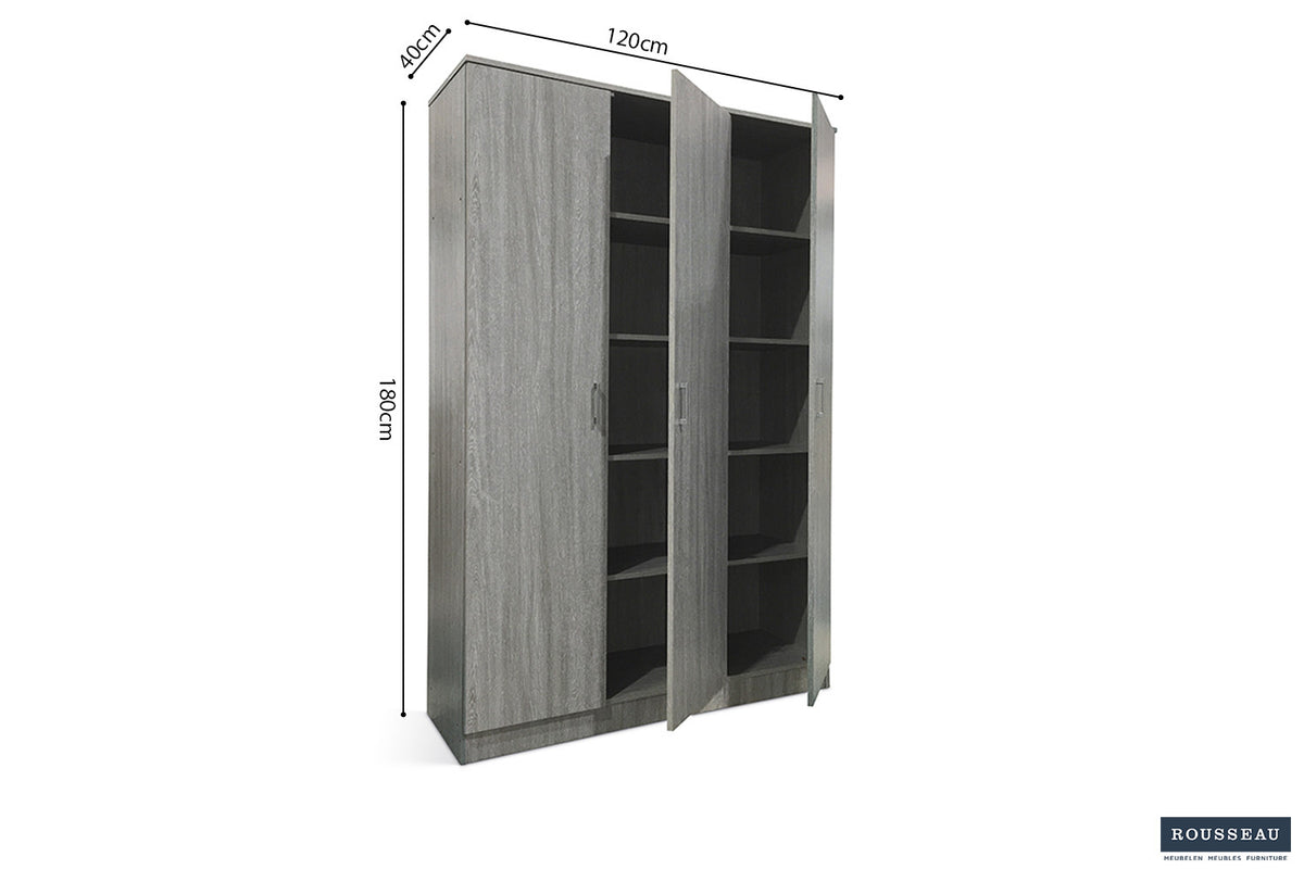 Rousseau - Opbergkast Ray 3 deuren en 4 legplanken Grijze eik - 180x120x40 cm